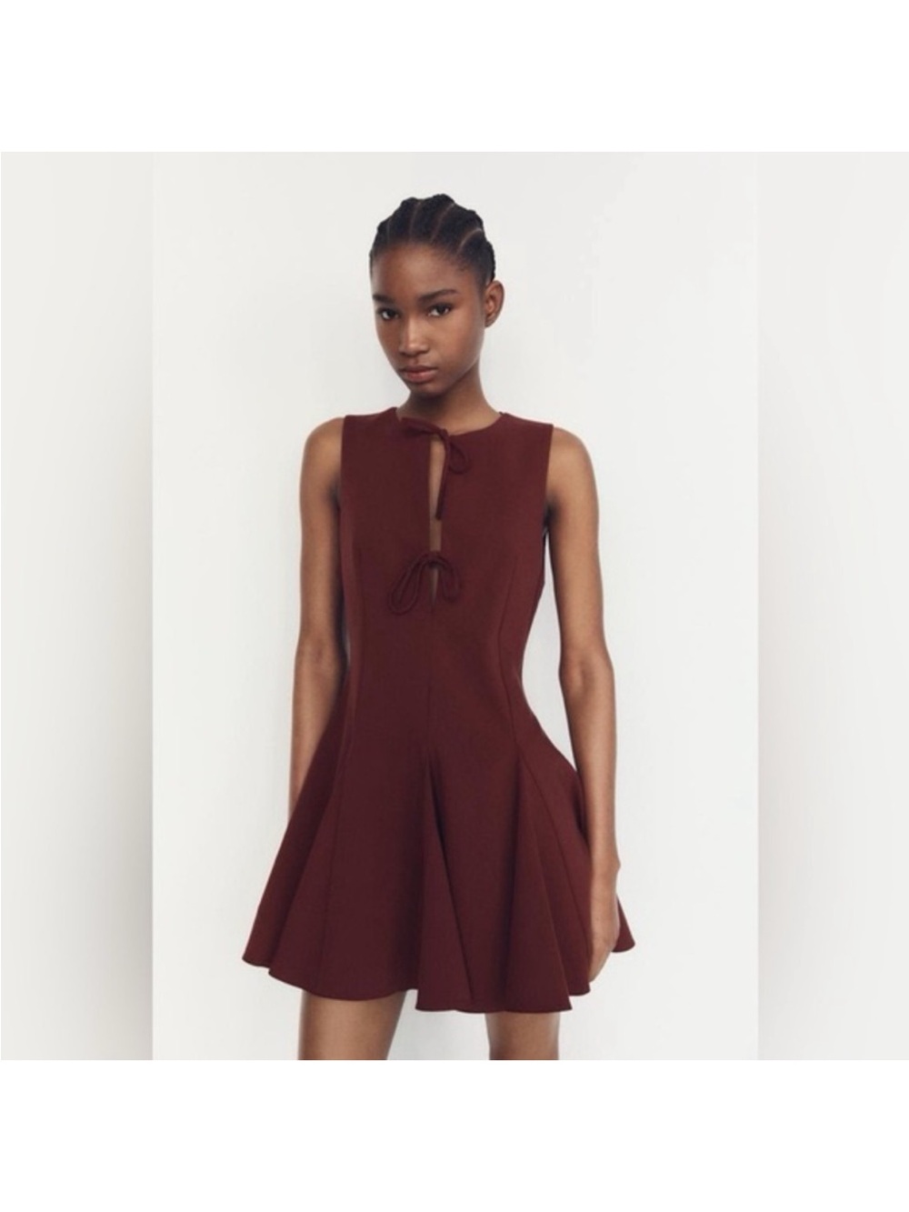 Zara Burgundy Sleeveless Keyhole Mini Dress with Tie Detail